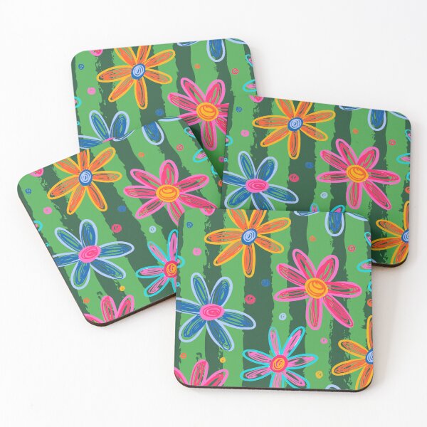 Item preview, Vibrant hand-drawn floral print of colorful daisies on a watermelon striped background designed and sold by VibranPalette.