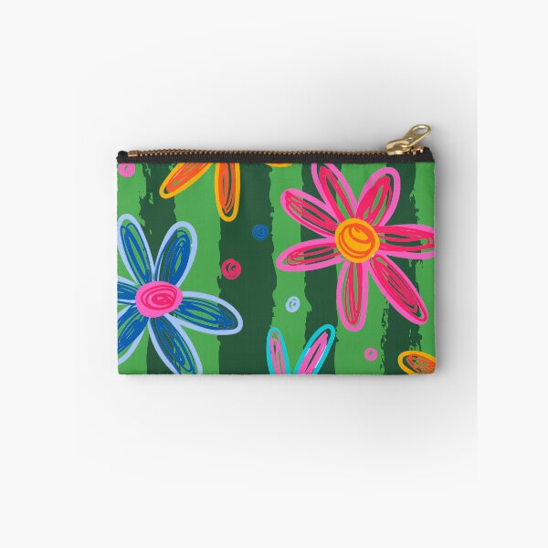 Item preview, Vibrant hand-drawn floral print of colorful daisies on a watermelon striped background designed and sold by VibranPalette.