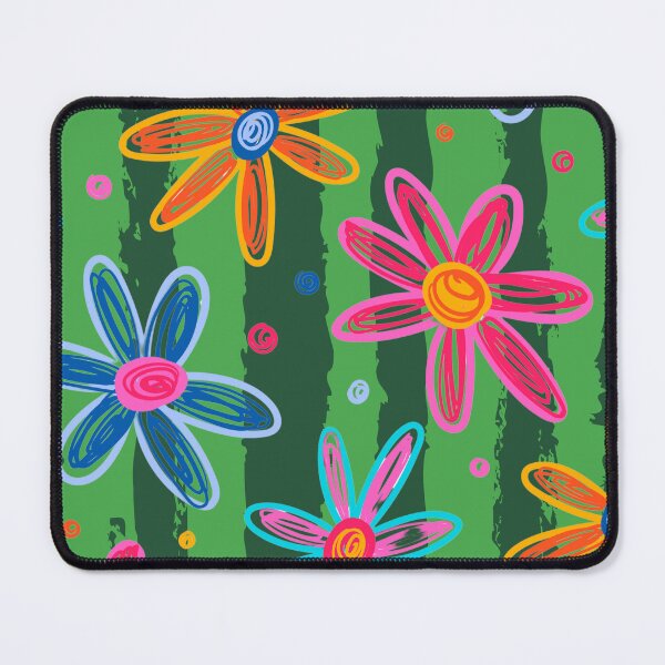 Item preview, Vibrant hand-drawn floral print of colorful daisies on a watermelon striped background designed and sold by VibranPalette.
