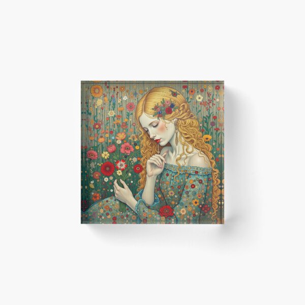 Item preview, Golden Haired Woman Floral Portrait | Klimt Inspired Botanical Art | Elegant Jewel Tone Wall Art designed and sold by Beyond The Canvas.