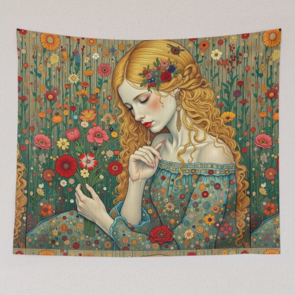 Item preview, Golden Haired Woman Floral Portrait | Klimt Inspired Botanical Art | Elegant Jewel Tone Wall Art designed and sold by Beyond The Canvas.