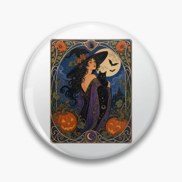 Item preview, Art Nouveau Witch Black Cat Halloween Moon designed and sold by AntiqueImages.