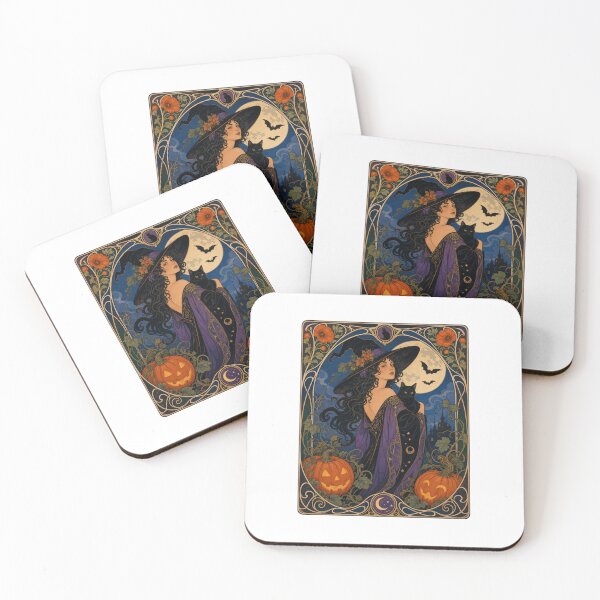 Item preview, Art Nouveau Witch Black Cat Halloween Moon designed and sold by AntiqueImages.