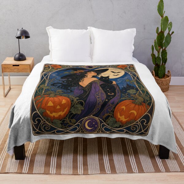 Item preview, Art Nouveau Witch Black Cat Halloween Moon designed and sold by AntiqueImages.