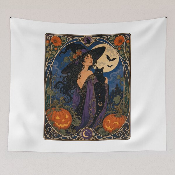 Item preview, Art Nouveau Witch Black Cat Halloween Moon designed and sold by AntiqueImages.