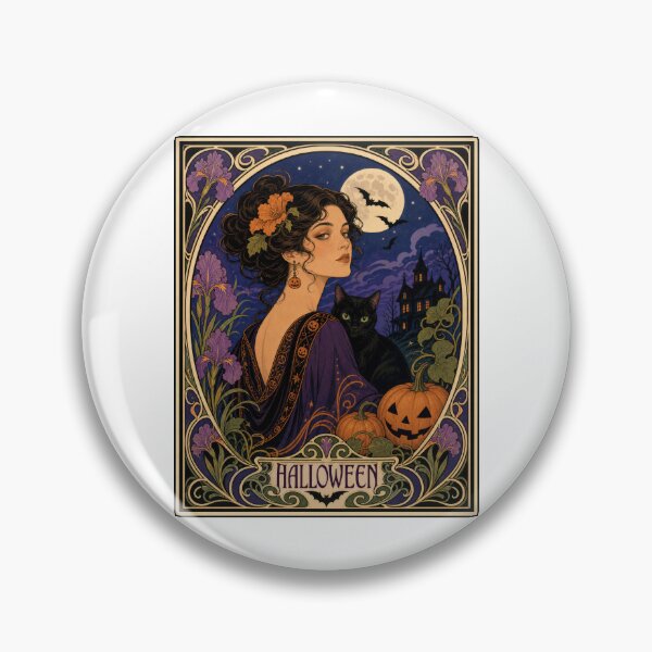 Item preview, Art Nouveau Halloween Woman Black Cat Moon designed and sold by AntiqueImages.