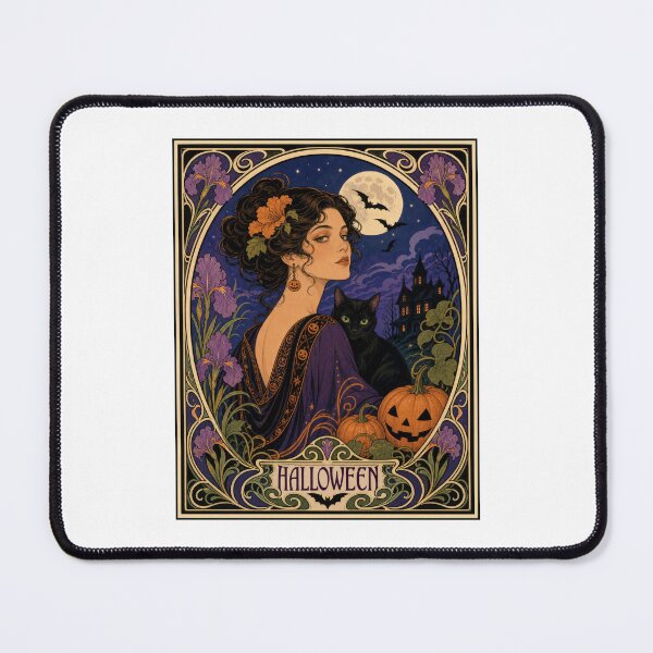 Item preview, Art Nouveau Halloween Woman Black Cat Moon designed and sold by AntiqueImages.