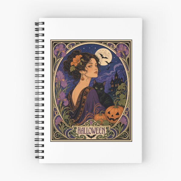 Item preview, Art Nouveau Halloween Woman Black Cat Moon designed and sold by AntiqueImages.