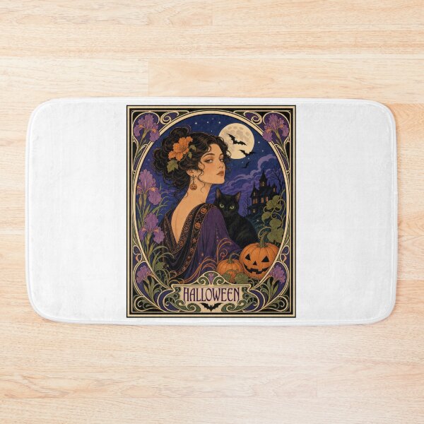 Item preview, Art Nouveau Halloween Woman Black Cat Moon designed and sold by AntiqueImages.