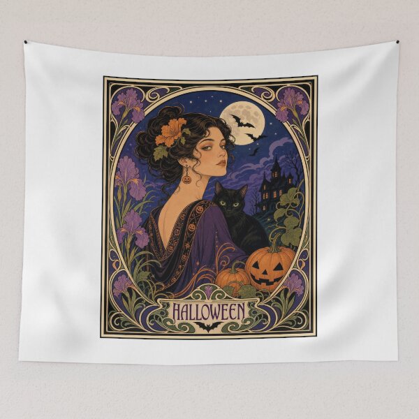 Item preview, Art Nouveau Halloween Woman Black Cat Moon designed and sold by AntiqueImages.