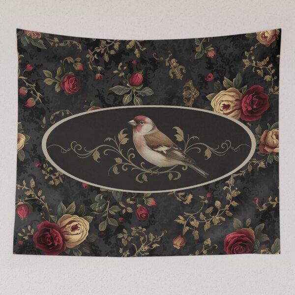 Item preview, Victorian Finch on Floral Background | Elegant Gold Filigree Bird Art designed and sold by FogandFinch.
