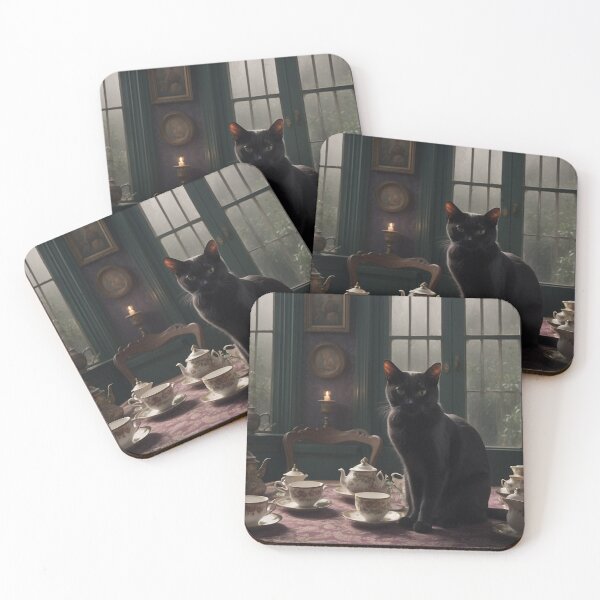 Item preview, Black Cat Tea Party Art | Victorian Gothic Cat designed and sold by FogandFinch.