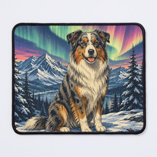 Item preview, Australian Shepherd Under Northern Lights | Vintage Winter Travel Poster designed and sold by Golden Era Studio.