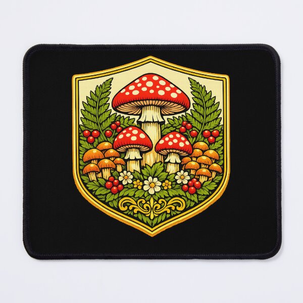 Item preview, Vintage Mushroom Forest Crest Botanical Emblem Art designed and sold by ArtoryWorks.