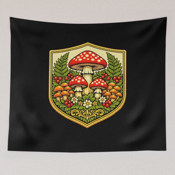 Item preview, Vintage Mushroom Forest Crest Botanical Emblem Art designed and sold by ArtoryWorks.