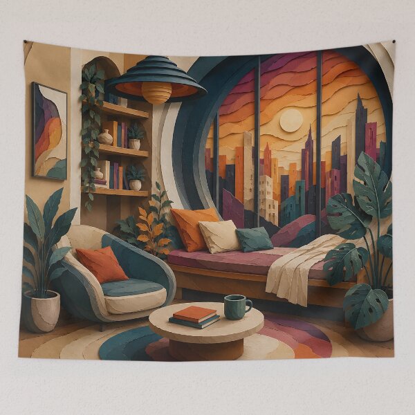 Item preview, Paper Cut Art Cozy Reading Room — Boho Sunset City View Home Decor designed and sold by Aureva Arts Shop.