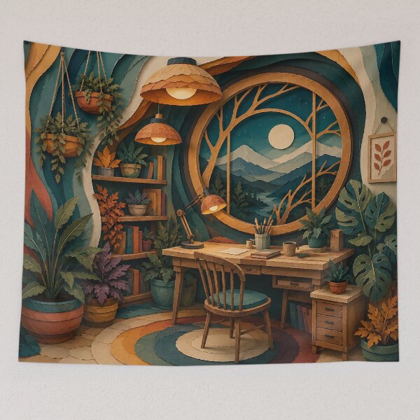 Item preview, Cozy Paper Art Study Room Moonlit Night Decor designed and sold by Aureva Arts Shop.