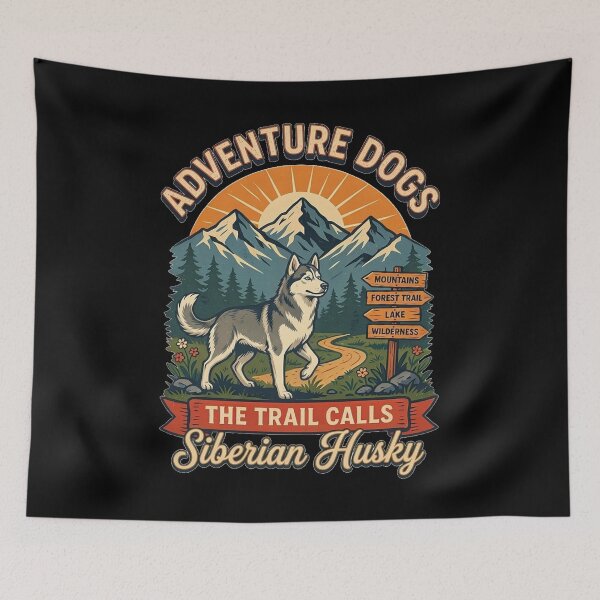 Item preview, Adventure Dogs – The Trail Calls | Siberian Husky Vintage Hiking designed and sold by No Excuses Supply.