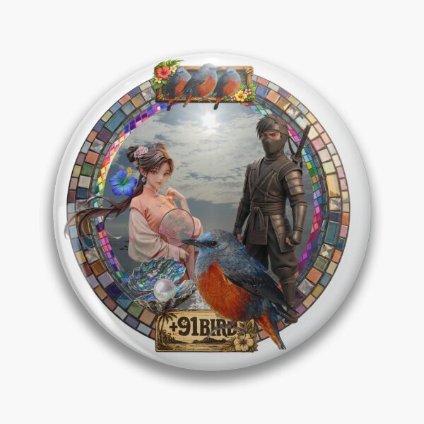 Item preview, Retro Hayama Sun of the Sea Turtle with Vintage Princess, Ninja & Blue Rock Thrush Bob designed and sold by Plus91BIRD.