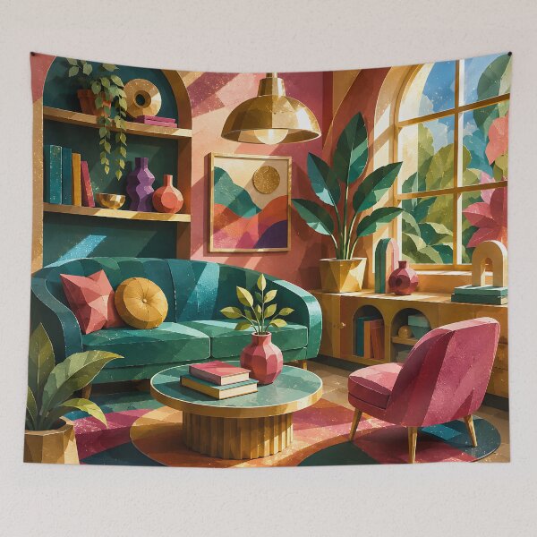 Item preview, Colorful Boho Living Room Paper Cut Art Illustration designed and sold by Aureva Arts Shop.