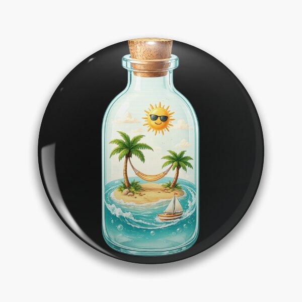Artikelvorschau, Sonnenschein in der Flasche | Tropischer Strand in der Flasche – Minimalistischer Sommerparadies-Aufkleber entworfen und verkauft von Emoji Emblems.