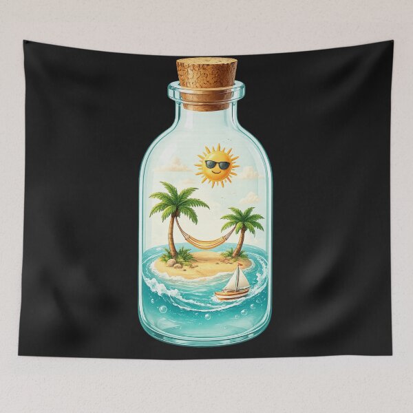 Artikelvorschau, Sonnenschein in der Flasche | Tropischer Strand in der Flasche – Minimalistischer Sommerparadies-Aufkleber entworfen und verkauft von Emoji Emblems.