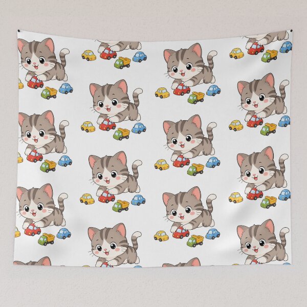 Item preview, Cute Kitten Playing with Toy Cars Kawaii Cartoon Playtime Design designed and sold by Seculinator.