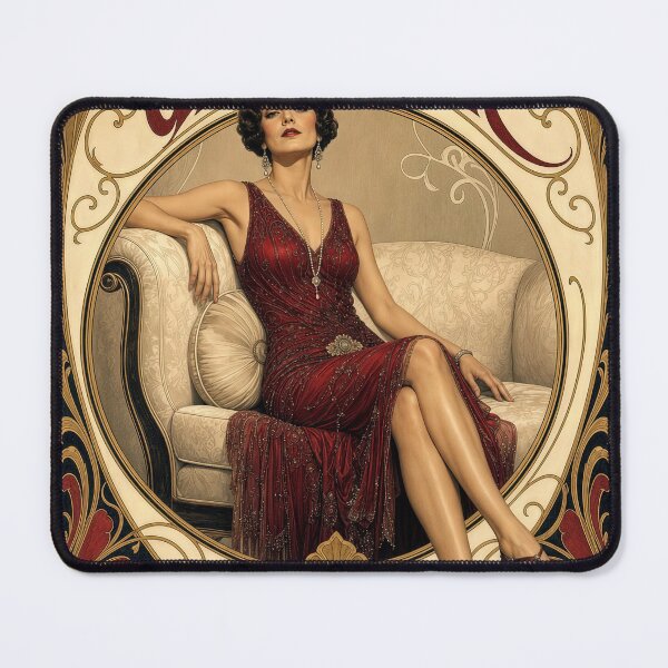 Item preview, Stylish Woman in Red Dress on a Vintage Couch designed and sold by Maria Dryfhout.