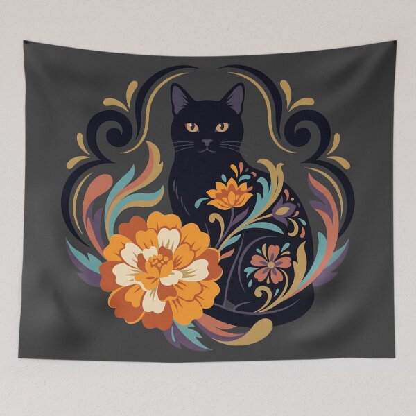 Item preview, Día de los Muertos Elegant Black Cat Marigold designed and sold by MythicCotton.