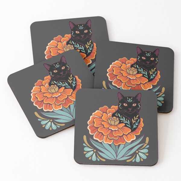Item preview, Día de los Muertos Marigold Black Cat designed and sold by MythicCotton.