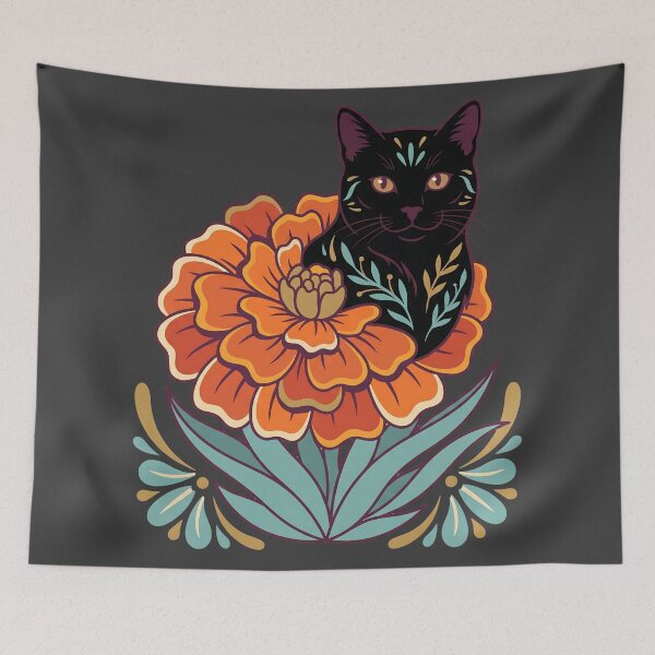 Item preview, Día de los Muertos Marigold Black Cat designed and sold by MythicCotton.