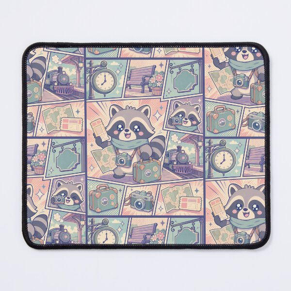 Item preview, Kawaii Vintage Train Station Raccoon Comic Panel designed and sold by Magmashup.