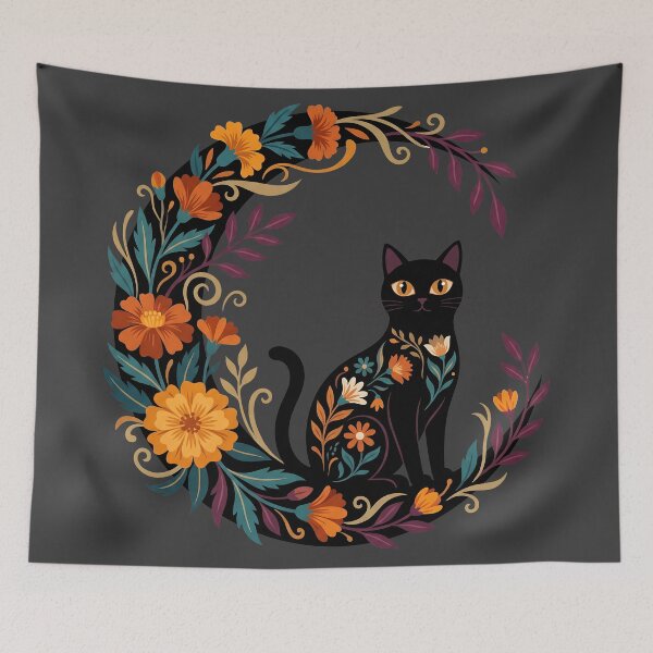 Item preview, Día de los Muertos Mystical Marigold Moon Cat designed and sold by MythicCotton.