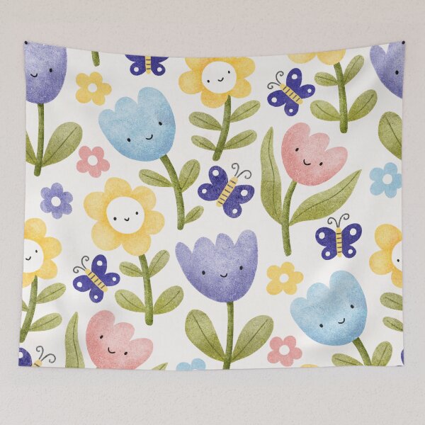 Item preview, Cute Smiling Spring Flowers & Butterflies Pattern | Kawaii Floral Illustration designed and sold by Purple Moon .