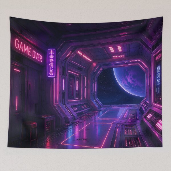 Item preview, Cyberpunk Space Station Neon Corridor Digital Art designed and sold by Aureva Arts Shop.