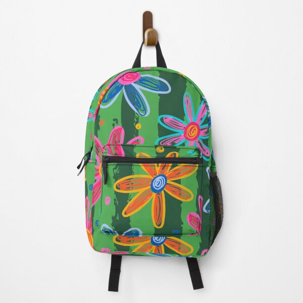 Item preview, Vibrant hand-drawn floral print of colorful daisies on a watermelon striped background designed and sold by VibranPalette.