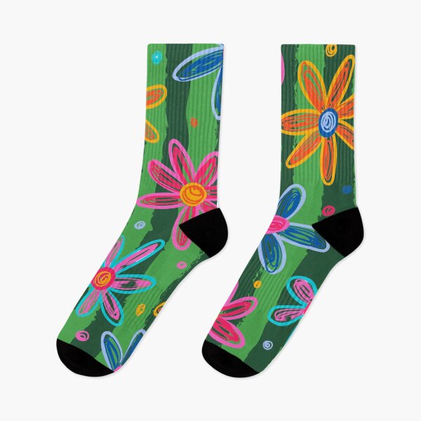 Item preview, Vibrant hand-drawn floral print of colorful daisies on a watermelon striped background designed and sold by VibranPalette.