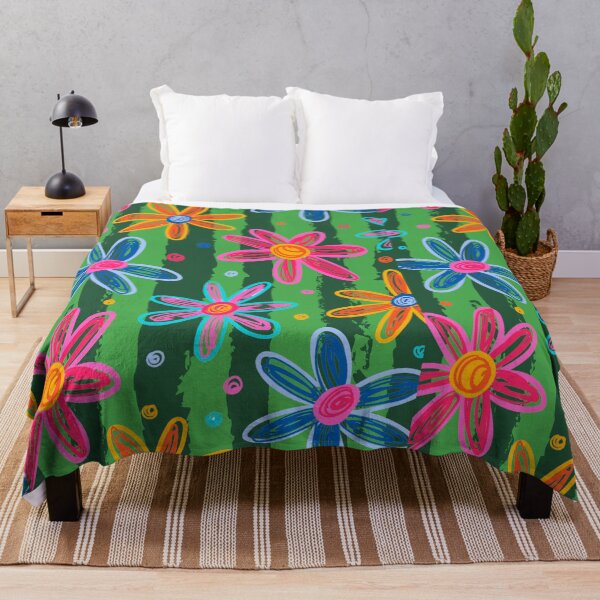 Item preview, Vibrant hand-drawn floral print of colorful daisies on a watermelon striped background designed and sold by VibranPalette.