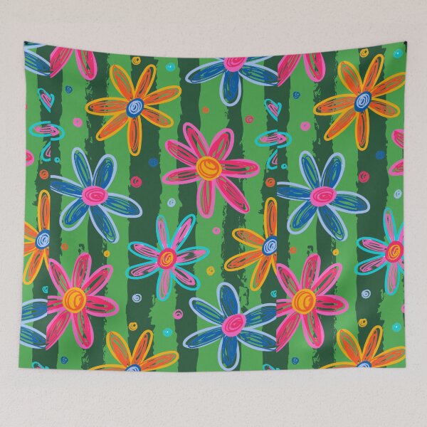 Item preview, Vibrant hand-drawn floral print of colorful daisies on a watermelon striped background designed and sold by VibranPalette.