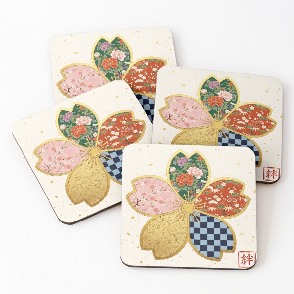 Item preview, Kizuna — Japanese Cherry Blossom Crest Art Print | Peony & Checkerboard Kamon Pattern designed and sold by KimonoKotoba.