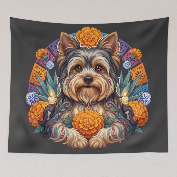Item preview, Día de los Muertos Yorkie Dog Folk Art designed and sold by MythicCotton.