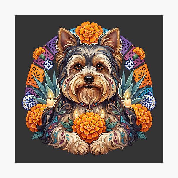 Item preview, Día de los Muertos Yorkie Dog Folk Art designed and sold by MythicCotton.