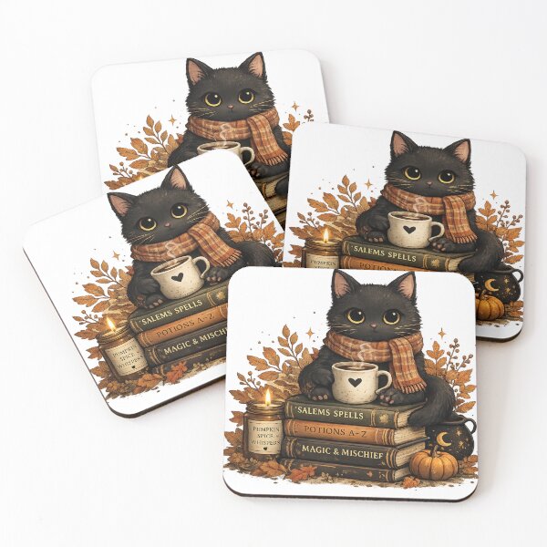Item preview, Cozy Black Cat with Coffee | Autumn Cottagecore Witch Illustration designed and sold by Moonroot Studio.