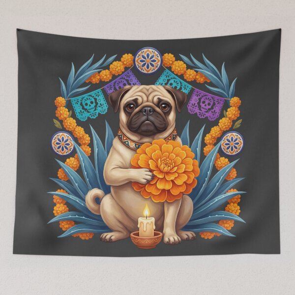Item preview, Día de los Muertos Marigold Pug Dog designed and sold by MythicCotton.