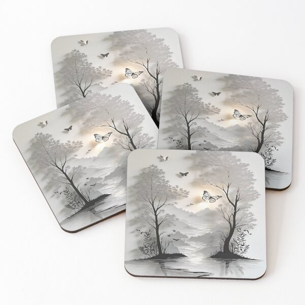 Item preview, Ethereal Serenity: A Monochrome Landscape of Trees and Butterflies Illuminated by a Gentle Glow designed and sold by Matt_Smith.