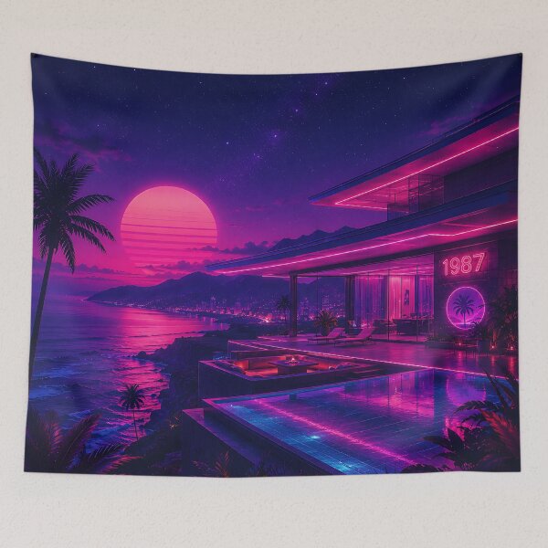 Item preview, Synthwave 1987 Neon Sunset Luxury Villa Night designed and sold by Aureva Arts Shop.
