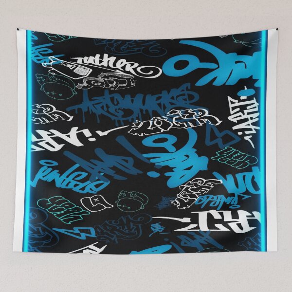 Item preview, Urban Neon Energy - Blue & Cyan Graffiti on a Black Background ✨ designed and sold by RAYBIL.