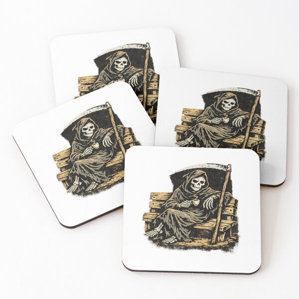 Item preview, Grim Reaper on Park Bench with Coffee Noir Comic Style Risograph Zine Art Dark Humor Illustration designed and sold by OnPointOutfits.