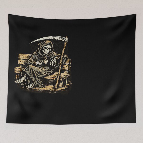 Item preview, Grim Reaper on Park Bench with Coffee Noir Comic Style Risograph Zine Art Dark Humor Illustration designed and sold by OnPointOutfits.