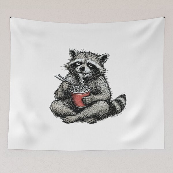 Item preview, Scruffy Raccoon Slurping Instant Noodles Vintage 70s Comix Style Crosshatch Funny Trash Panda Art designed and sold by OnPointOutfits.